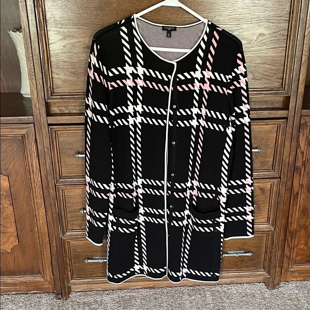 Talbots Black, Pink & White Plaid Button-Front Cardigan
